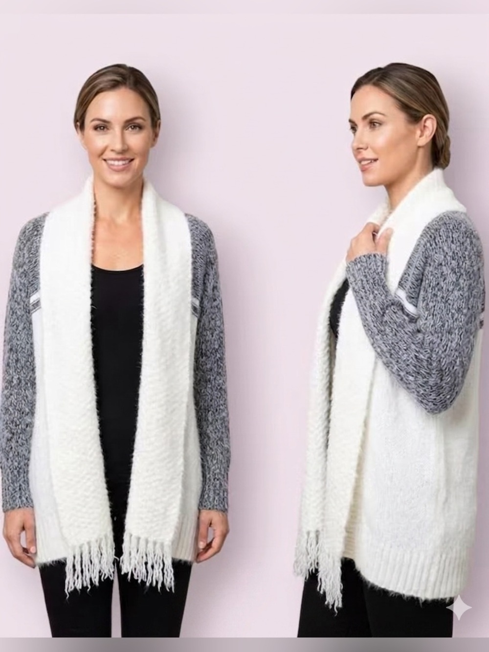 Oceanus Eyelash Knit Long Cardigan Sweater White Gray Fringes Open Front Small
